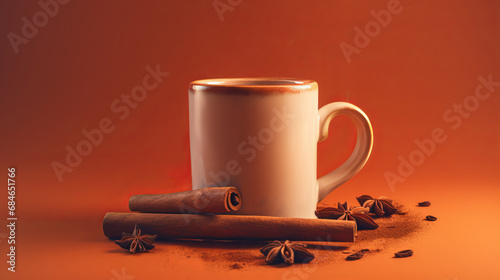 Mug of mulled wine with cinnamon sticks on warm brown background creates an atmosphere of cozy comfort and captures spirit of winter, inviting indulgence in warmth of festive flavors