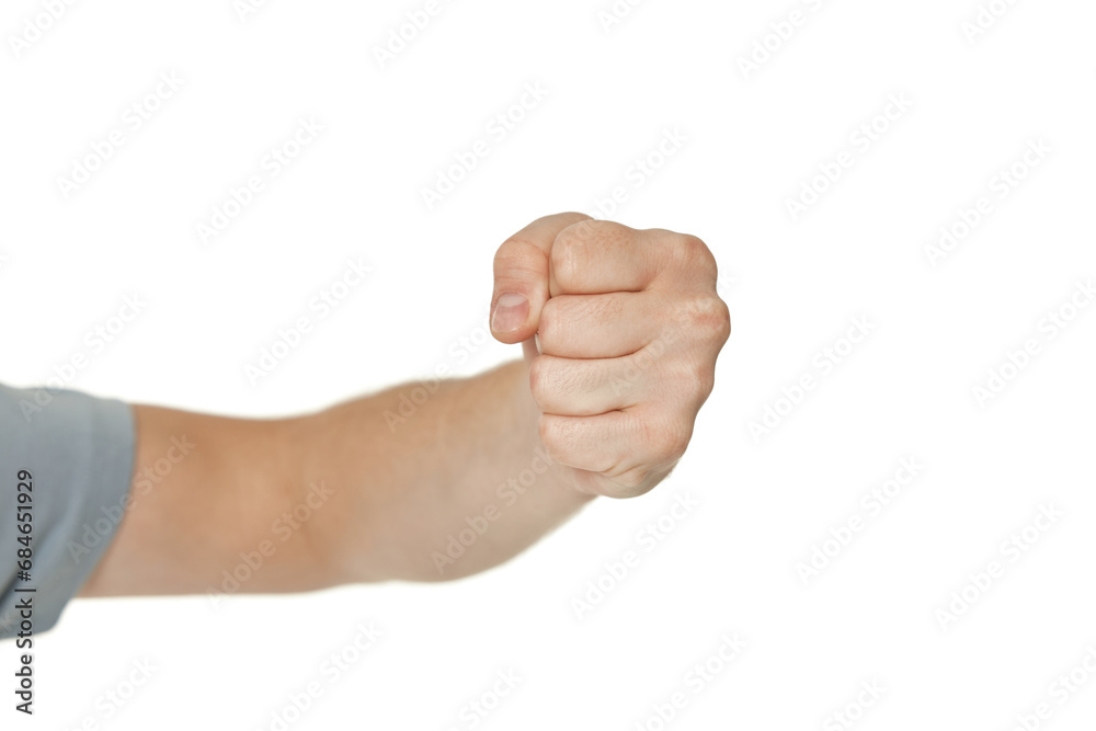 male hand holding fists up isolated on white background male hand holding fists up isolated on white background