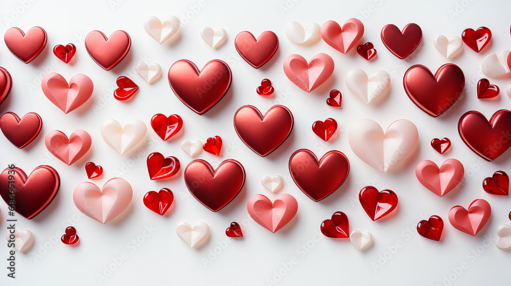 Valentine's day background with red and white hearts on white background. 3d rendering. Generative AI technology.