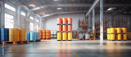 Chemical factory warehouse with storage area pallet racks and chemical product storage copy space image photo