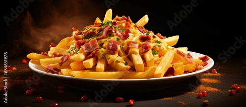 Cheesy bacon fries on a pla...