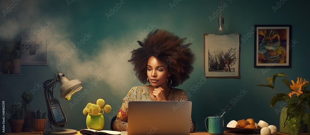 African individual attends virtual telecommuting training seminar copy space image - obrazy, fototapety, plakaty 