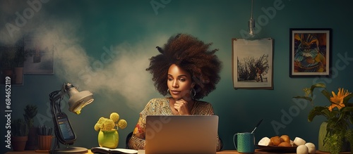 African individual attends virtual telecommuting training seminar copy space image photo