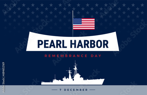 Pearl Harbor attack memorial background - Pearl Harbor Remembrance Day typography with a ship and memorial in Hawaii, USA flag at half mast. Vector Illustration photo