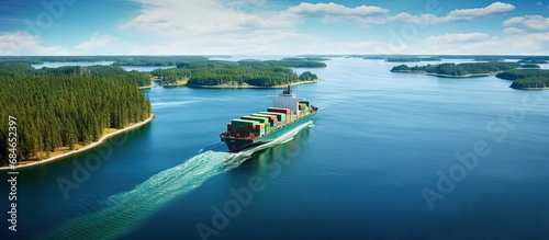 A cargo ship moving through Finnish archipelago during spring with calm waters below copy space image