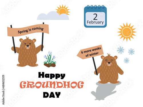 Groundhog Day, groundhog in different poses, banner, spring is coming, snowdrops and snowflakes are nearby. February 2. Vector illustration