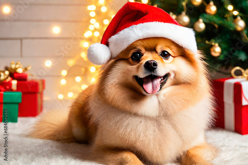 New Year's happiness pets. Corgi dog wearing a santa hat near the Christmas tree. © elena_hramowa