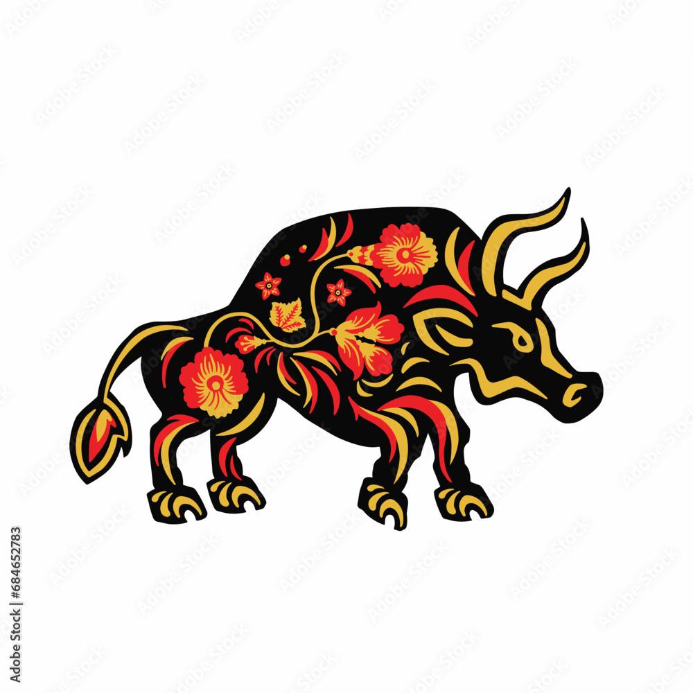 Fototapeta premium bull, buffalo, Taurus with retro red and yellow ethnic vector illustration eps 10