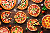 Assortment of various type of Italian pizza on a on brown wooden background. Rustic style. Flat lay composition.