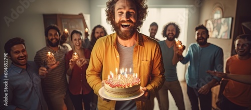 Bearded man celebrates birthday with diverse friends blowing party whistles and cutting cake copy space image