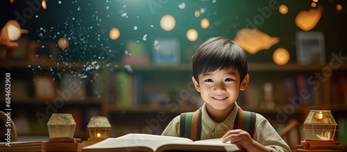 Asian student studying in elementary school copy space image photo