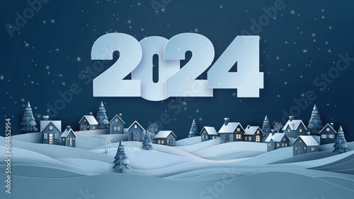 New Year 2024 Winter Scene — Snow Village and Starry Sky
