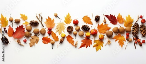 Autumn objects arranged on light surface for creative display copy space image