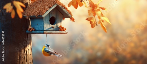 Autumn tree birdhouse a habitat for wild birds copy space image photo