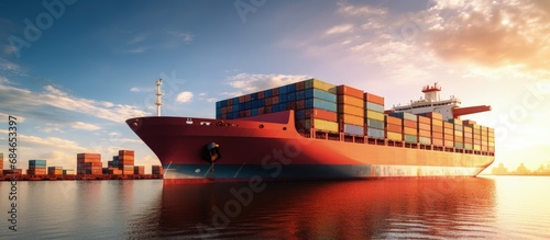 Cargo being loaded on a ship in sunny weather copy space image