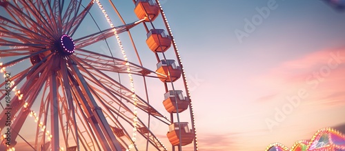 Amusement ride with rotating wheel carrying cars on the edge copy space image photo