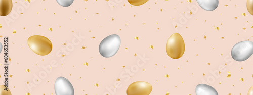 Vector Gold and Silver 3d Easter eggs with Ornament seamless pattern on Beige background for Easter holidays,Illustration print for Wrapping paper,Sale,Promotion Background
