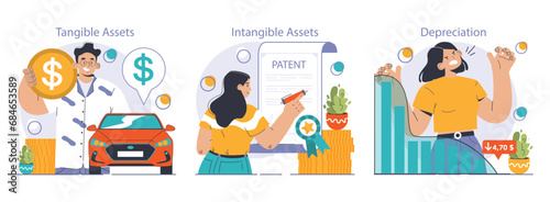 Amortization and depreciation set. Calculating the value for business assets over time. Company asset lifespan , capital valuation. Financial report. Flat vector illustration photo