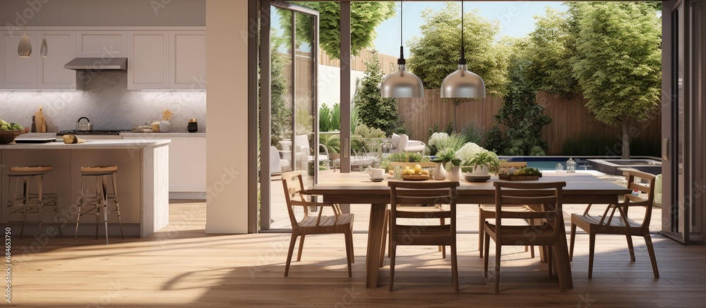 Fototapeta premium A wood floored dining room with sliding glass doors leading to a backyard patio featuring an outdoor kitchen copy space image
