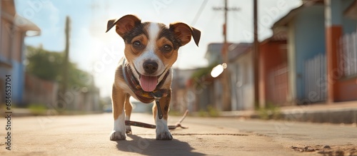 A small dog tongue out walked on a leash in a small town s streets for veterinary and pet care copy space image