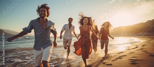 Attractive young friends running and smiling on beach having fun copy space image photo