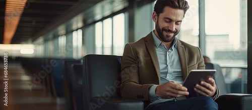 Businessman uses tablet in airport lounge for work and browsing copy space image photo