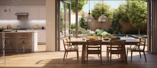 A wood floored dining room with sliding glass doors leading to a backyard patio featuring an outdoor kitchen copy space image