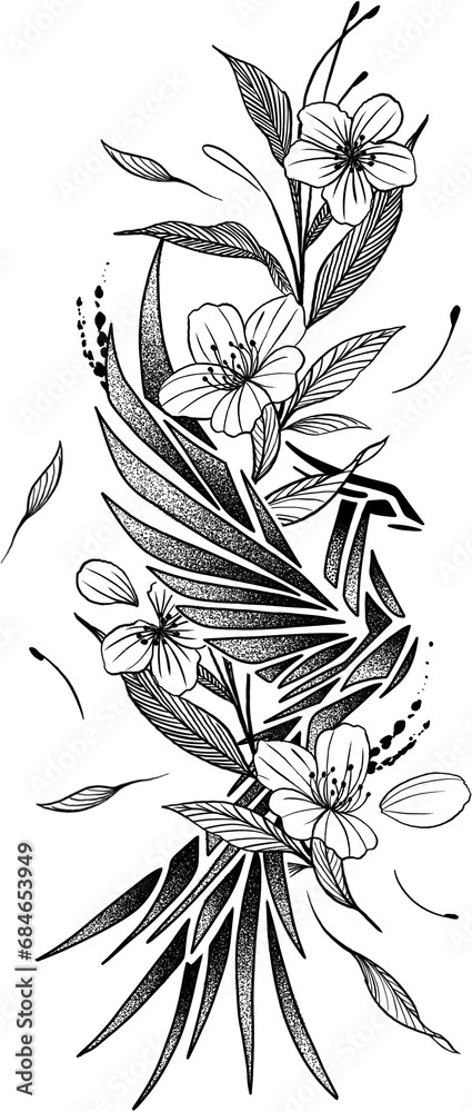 Black and white illustration of a hand drawn phoenix with flowers Black and white illustration of a hand drawn phoenix with flowers