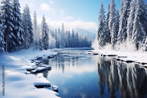 A serene lake surrounded by snow-covered pine trees, creating a peaceful winter wonderland.