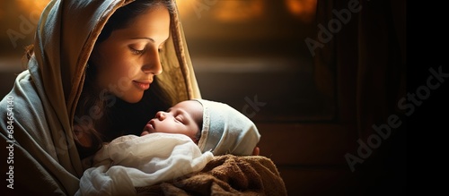 8 day old baby boy s mother reenacts Christmas nativity with herself as Virgin Mary and baby Jesus copy space image photo