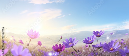 Blooming blue and purple flowers with growing root surrounded by beautiful green nature under a shining sun in an open sky copy space image