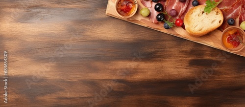 Close up top view of a bacon and olive sandwich on a cutting board no people copy space image