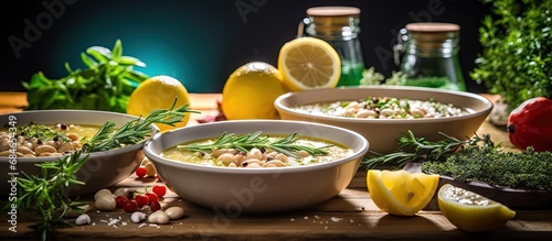 Bean soup with vegetables rosemary garnish and Parmesan copy space image