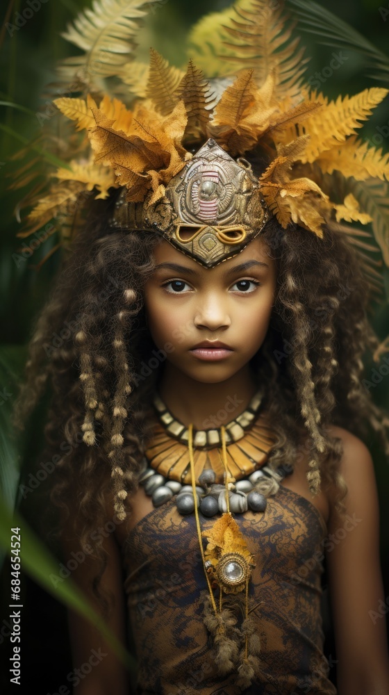 A young girl wearing a headdress with feathers on her head