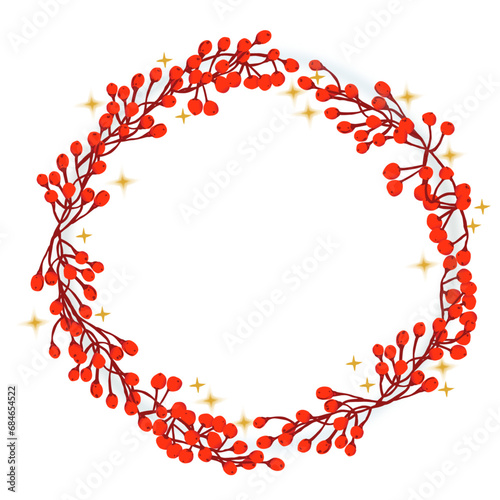 Ilustración de corona de naturaleza navideña, con espacio para texto con fondo blanco. Ramitas con frutos rojos y destellos de estrellas	

