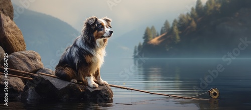 Australian Shepherd puppy excitedly watches fisherman preparing to cast into mountain lake copy space image