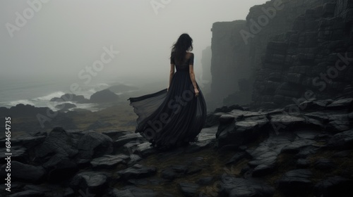 A woman in a long black dress standing on rocks