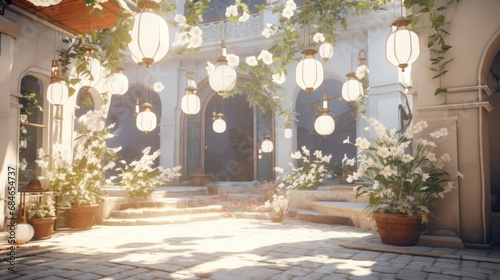 A courtyard with lots of potted plants and hanging lanterns
