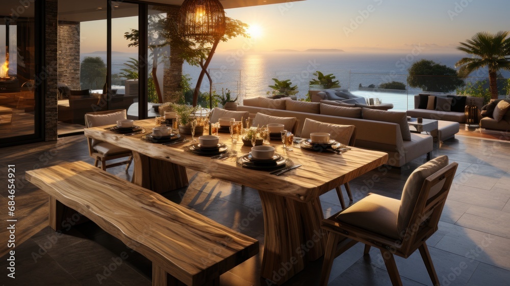 A dining table with chairs and a bench in front of the ocean