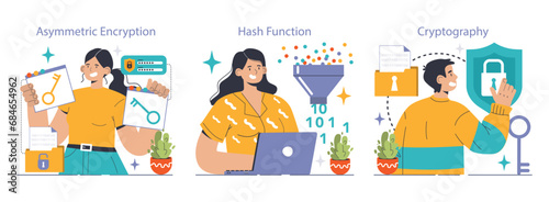 Data encryption set. Personal information, internet access or database protection. Cyber security and privacy. Flat vector illustration