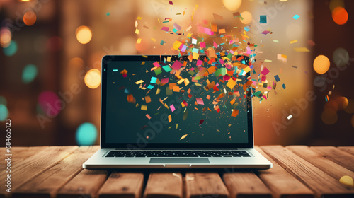 Confetti coming out of laptop computer screen.