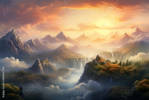 A serene sunrise over a misty mountain range, casting a warm glow on the tranquil landscape.