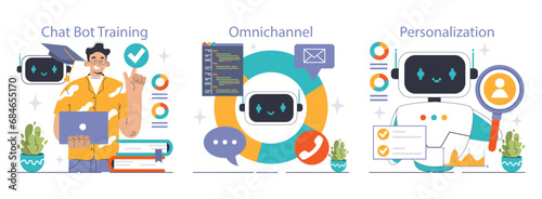 Chat Bot set. Trainer refining AI, integration of diverse channels, tailoring user experiences. Chat interface, code integration, user insights. Flat vector illustration