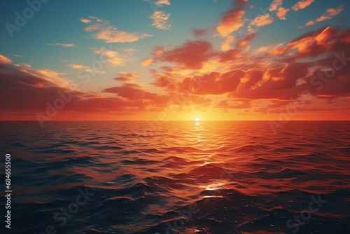 A serene sunset over a calm ocean, with the last rays of sunlight casting a warm glow on the water's surface.