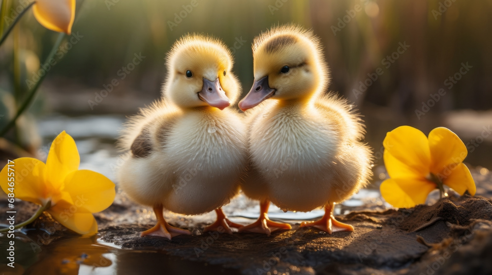 Two cute ducklings are standing near a pond with yellow flowers.