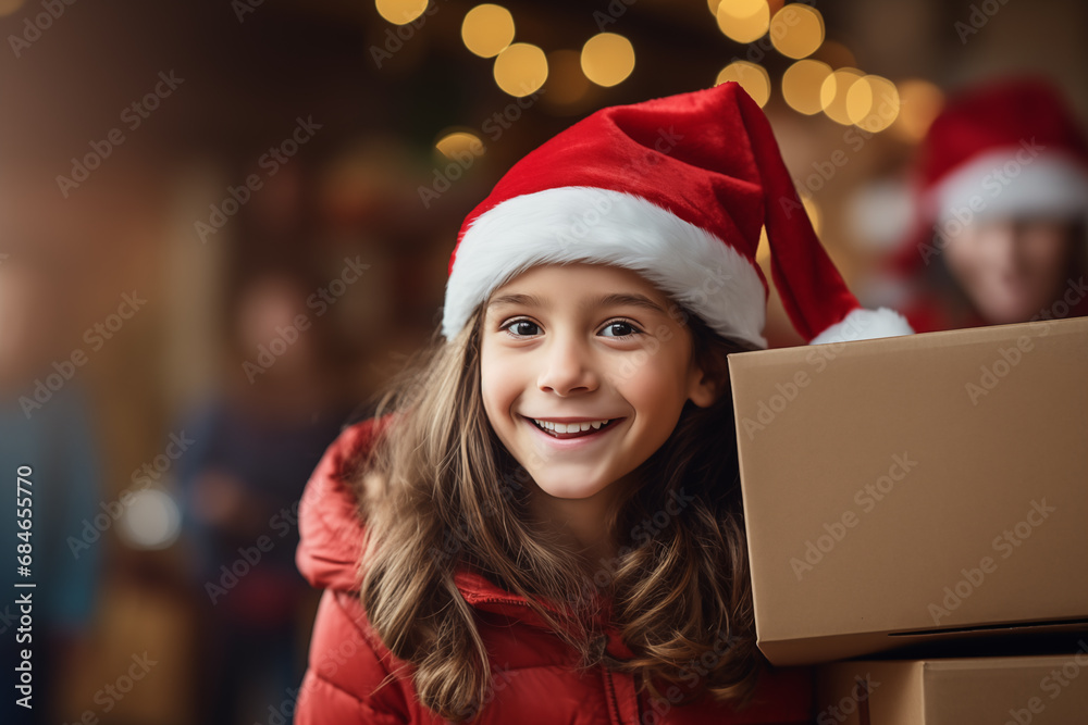 Little kid with Christmas hat holding a gift Little kid with Christmas hat holding a gift