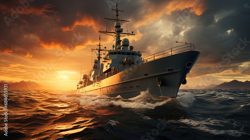 Fotografering A Beautiful Seascape with a Modern War Ship Dramatic Cloudy Sunset Background