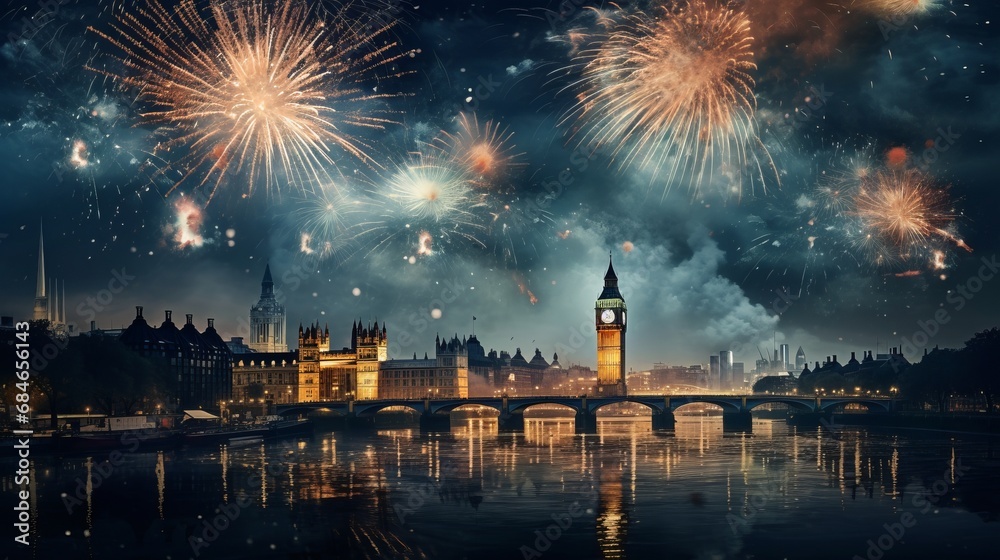 New Year's Spectacle Fireworks Illuminate a Famous Townscape