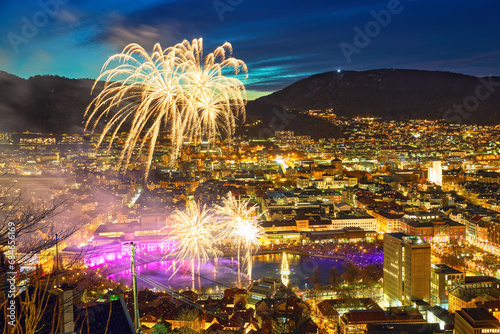 Fireworks in Bergen at light festival, Norway