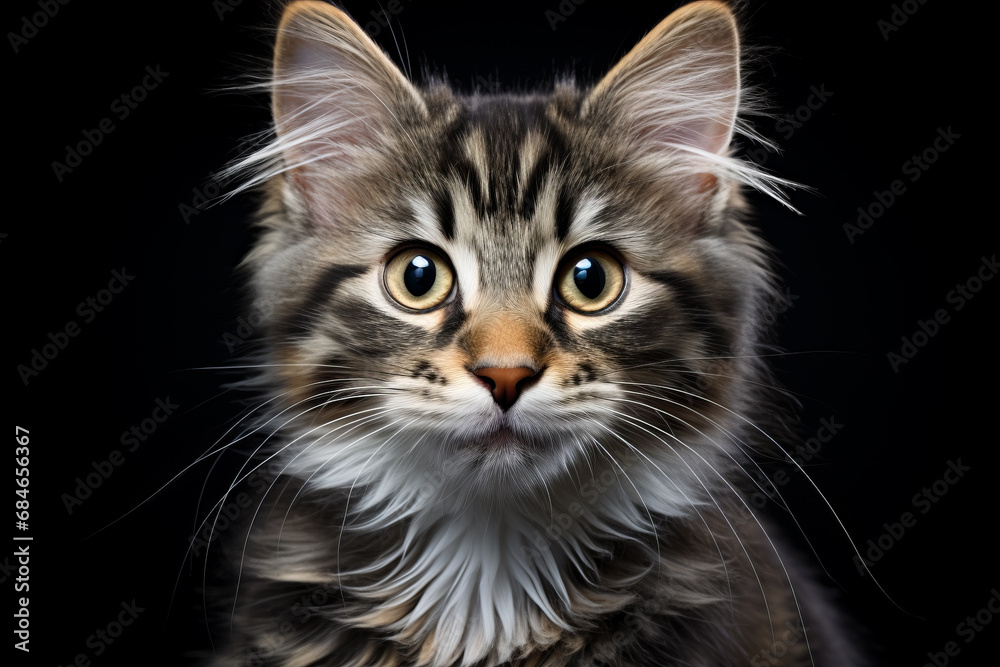 A young striped Maine Coon cat looks at the camera on a black background. Close-up portrait